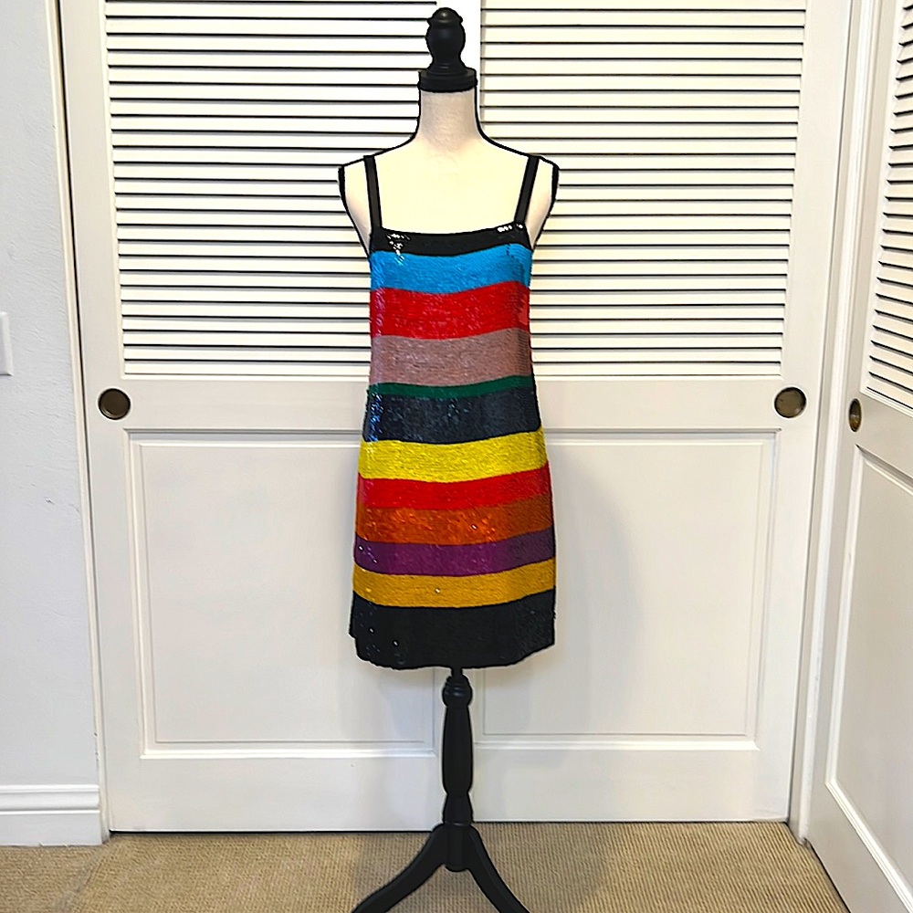 Alice +Olivia Black Rainbow Stripe Bridget Sparkle Mini-Dress